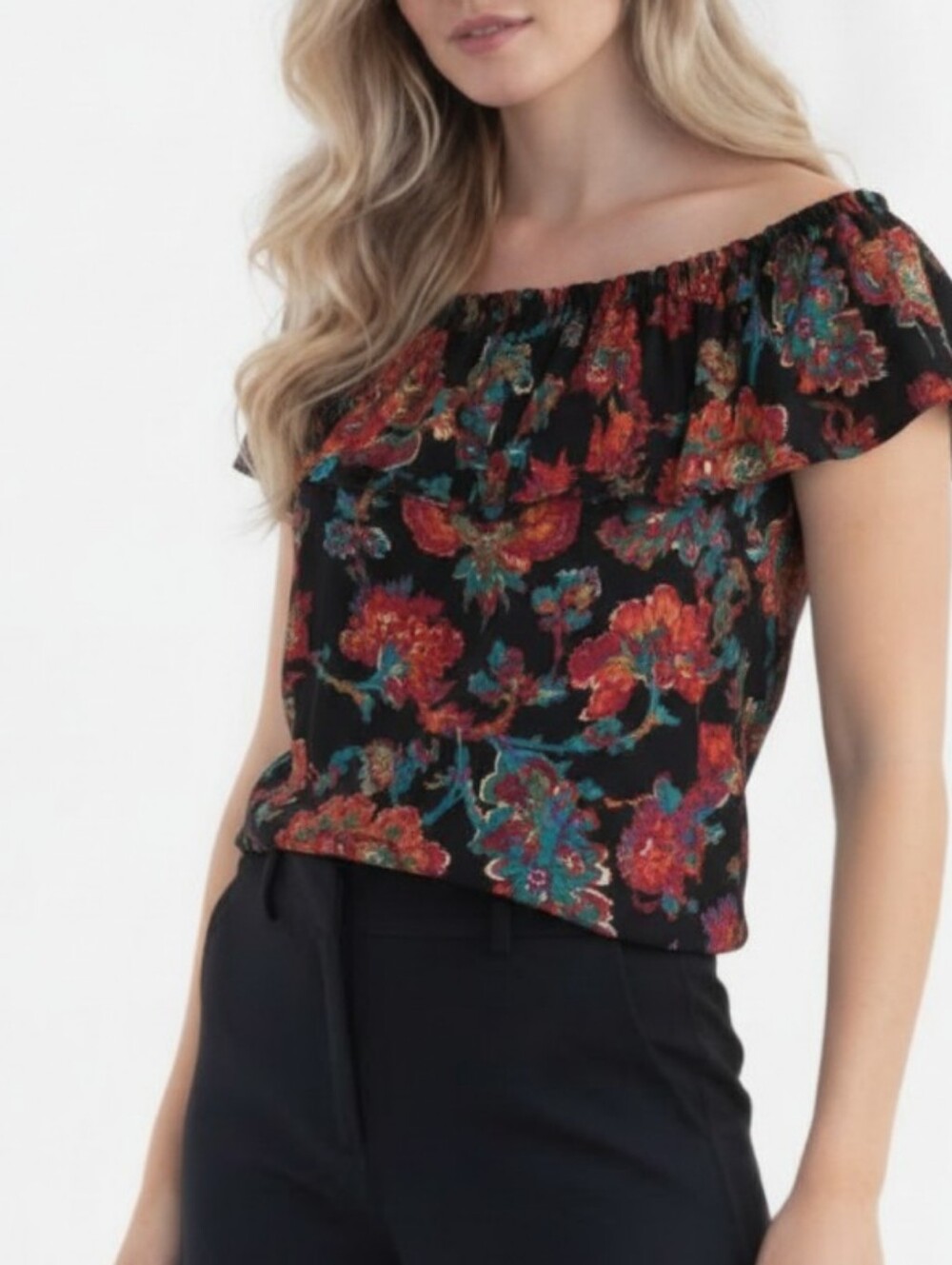 Ralph Lauren Black & Multicolored  Floral Blouse With Ruffled Collar NWOT. Sz L